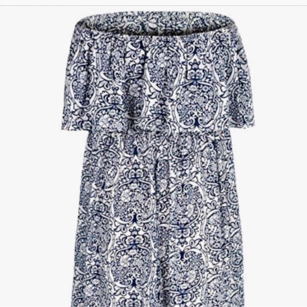 Strapless Ruffle Maxi Dress Size 16 XL Blue & White Rayon Print - Picture 7 of 16